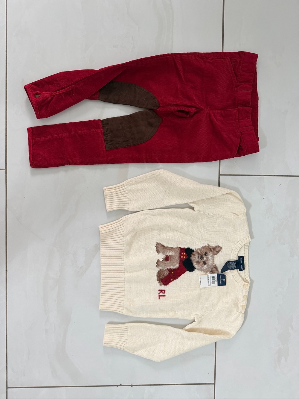 Ralph Lauren Cream Bear Sweater with Red Corduroy Pants